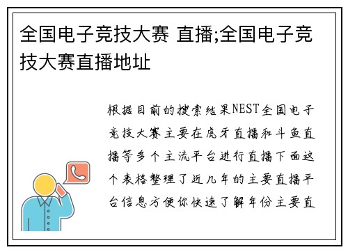 全国电子竞技大赛 直播;全国电子竞技大赛直播地址